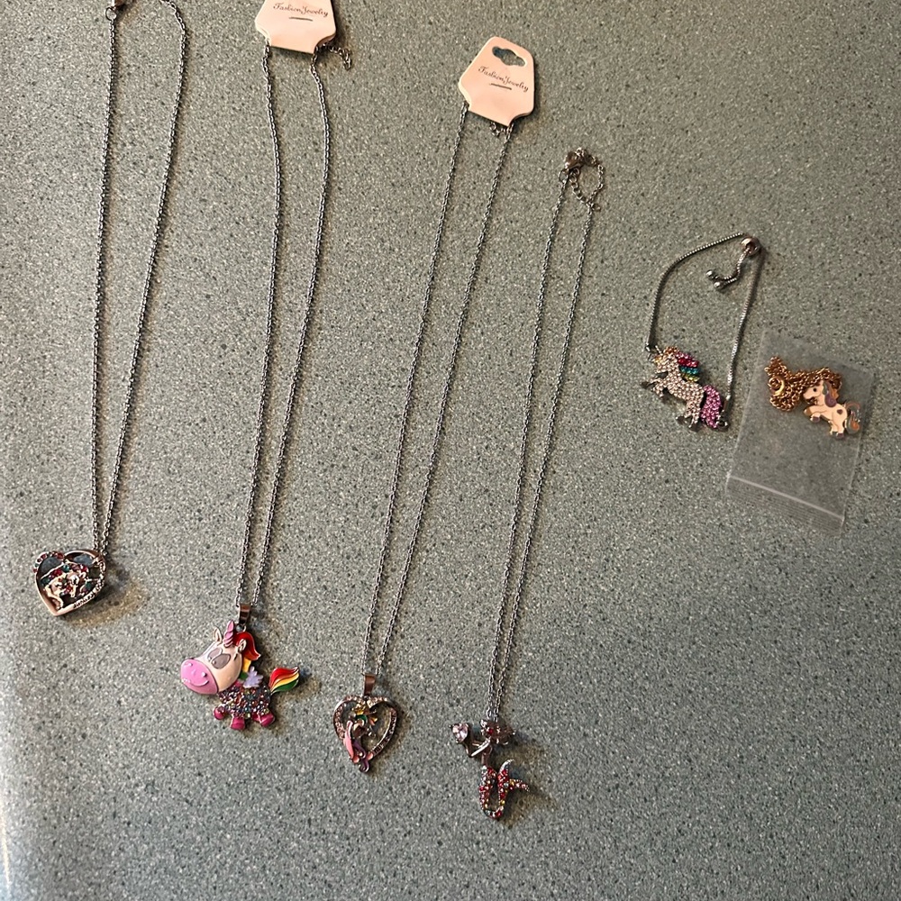 Colorful Unicorn and Heart Necklaces Set